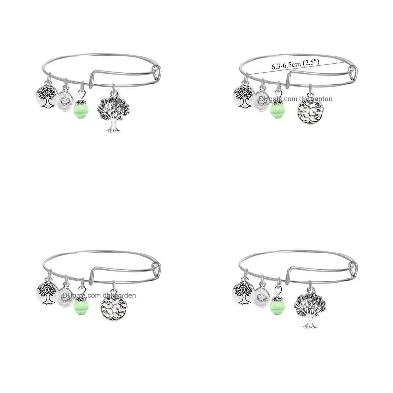 korea fashion diy tree of life wire bracelets for women and girls silver plated happy tree charms alloy bangles with green crystal