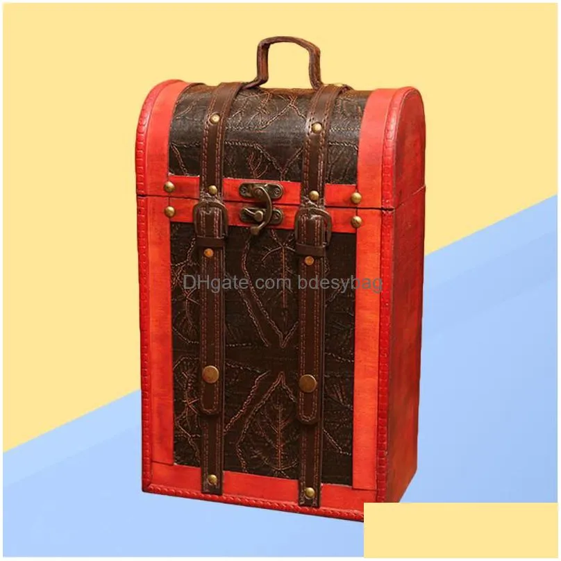 gift wrap retro packaging box chinese style wooden case pu leather double bottles container for party banquet ceremony