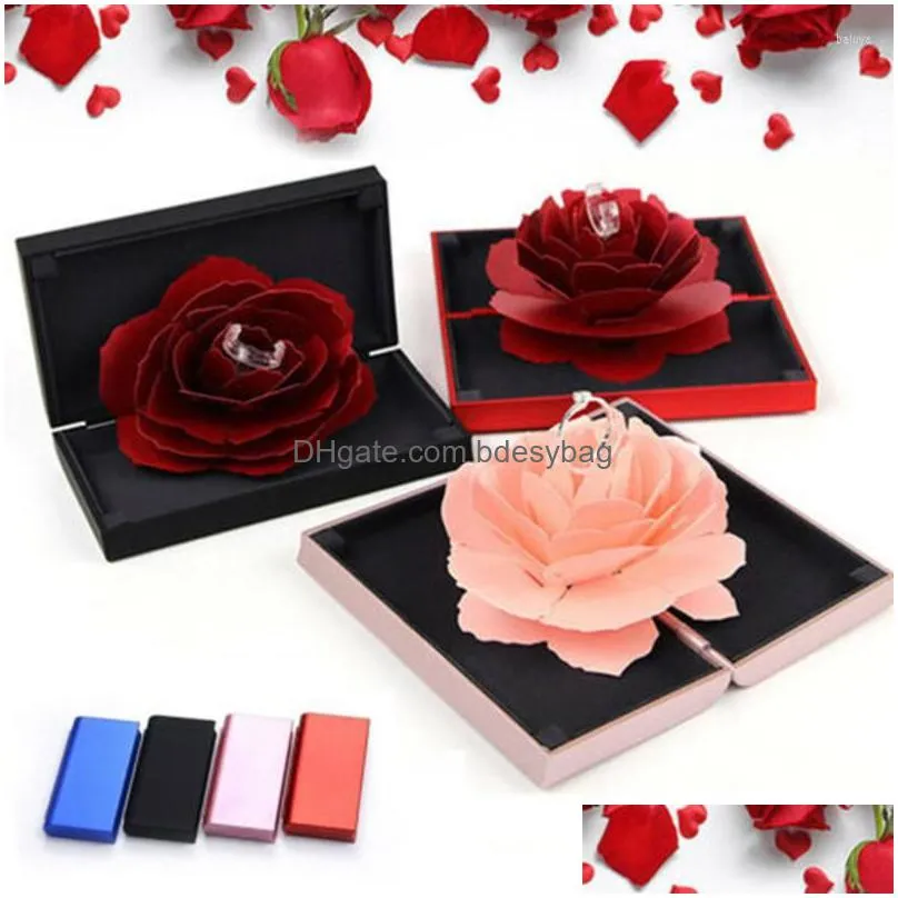 gift wrap beautiful 3d up rose ring box wedding engagement jewelry storage rectangular proposal rotating flower