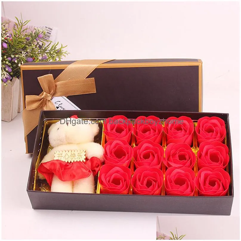 12 pcs rose gift box romantic artificial rose soap flower with toy bear gift box mothers day valentines day rose gift