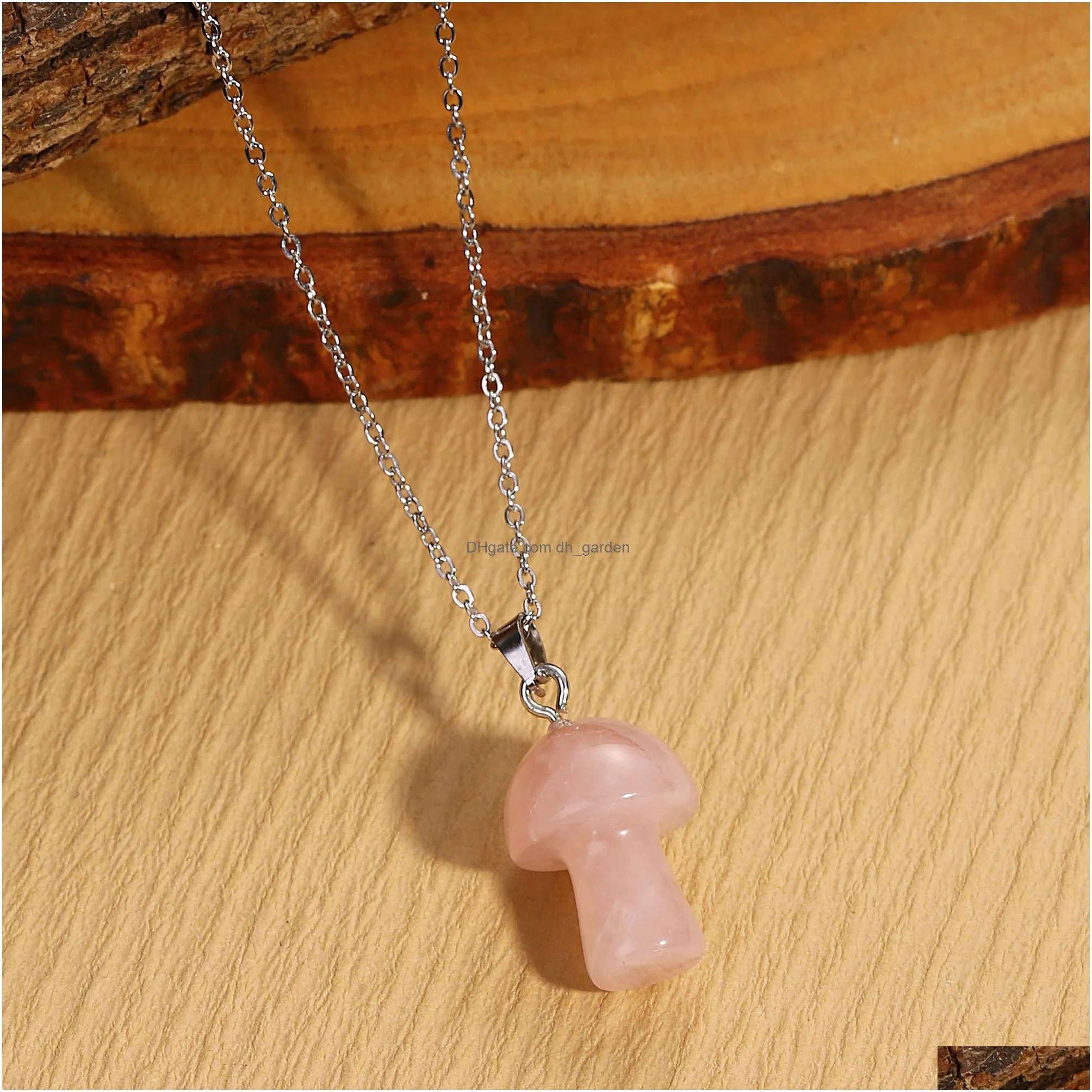 healing natural crystal pendant necklace lovely mushroom charm carnelian opal pink purple necklace fashion women jewelry 002