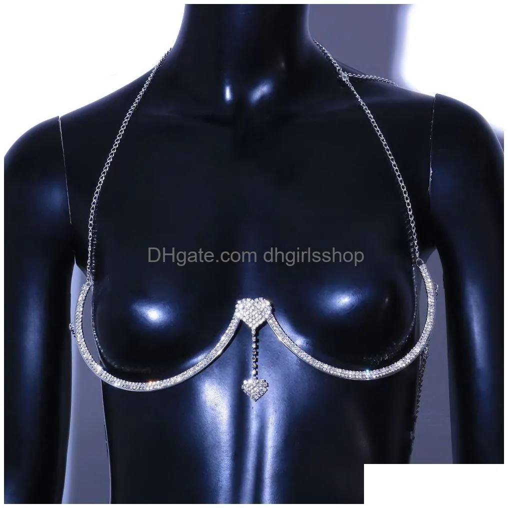 other double heart pendant crystal chest bracket bras chain body jewelry for women body chain harness y femme party rave 221008