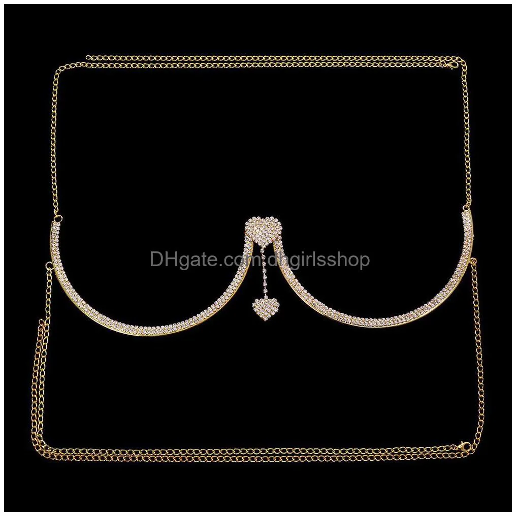 other double heart pendant crystal chest bracket bras chain body jewelry for women body chain harness y femme party rave 221008