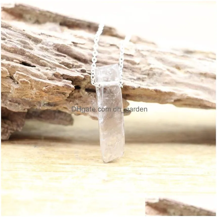 stainless chains raw stone pillar pendants healing crystal reiki natural smoky rose quartz citrines gems necklace jewelry