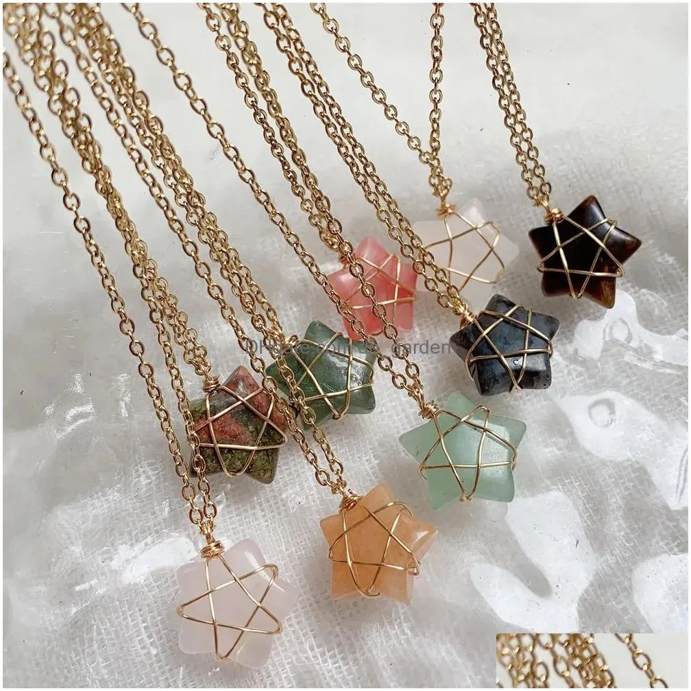 natural stone wire wrap star pendant reiki healing crystal tiger eye quartz aventurines necklace for women jewelry