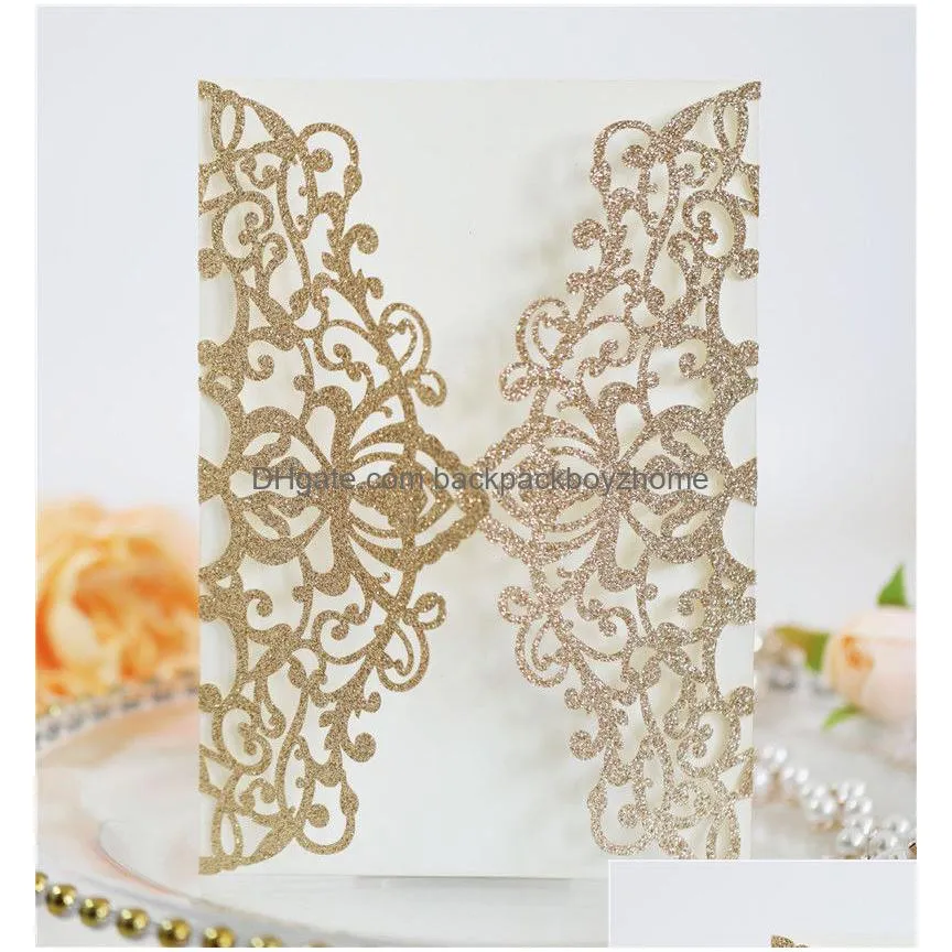 glitter paper laser cut wedding invitations personalized wedding invitation card with ribbon and envelope party invitations