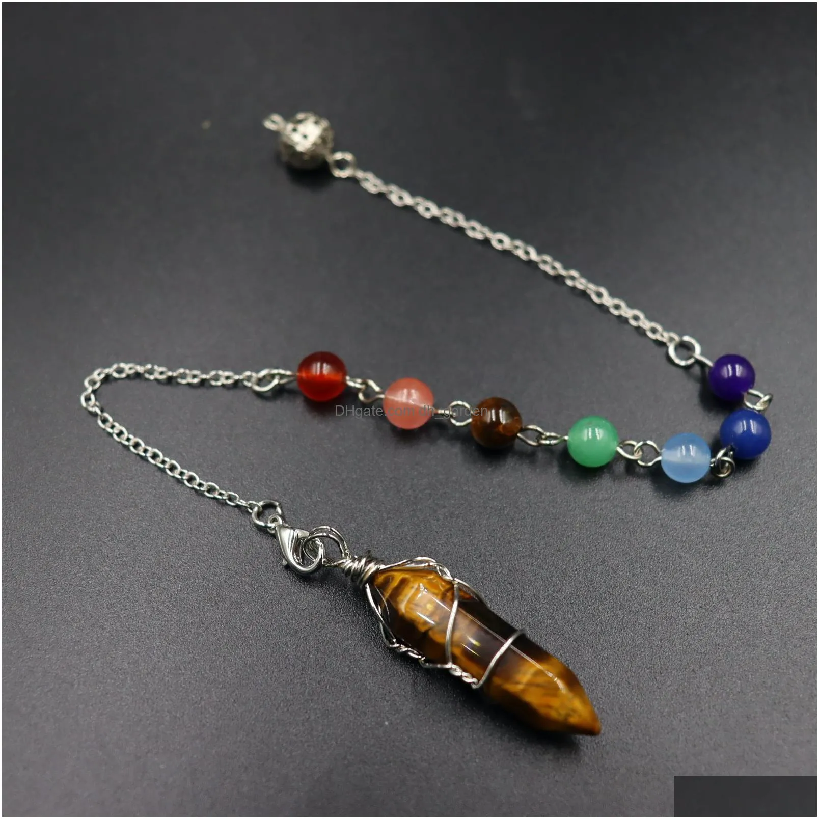 natural stone pendulum charms wire wrap hexagonal prism pendant 7 color chain for divination crystal jewelry charm amulet healing