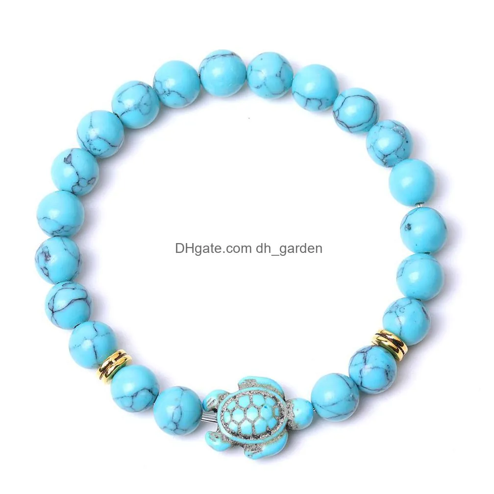 summer style tortoise charms beaded strand bracelets classic 8mm turquoise stone elastic friendship bracelet beach for women men