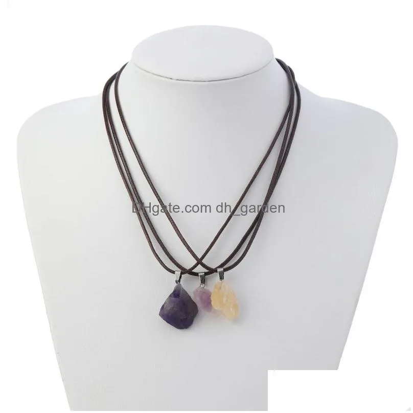 natural irregular rough raw fluorite stone pendant healing crystal gemstone brown rope chain necklace women jewelry