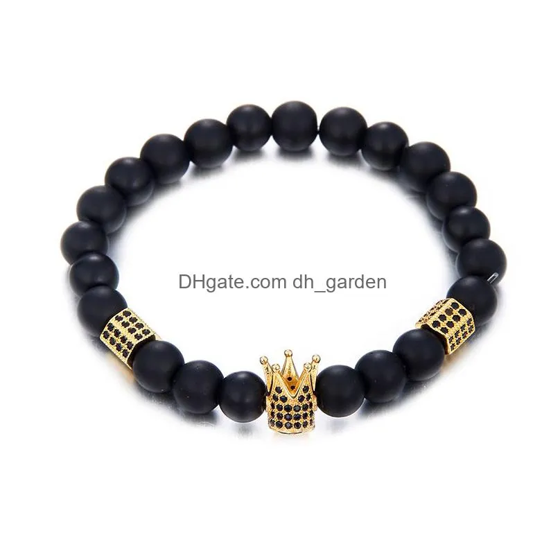 luxury high quality micro pave black cz zirconia gold king crown charm bracelet men dull polish matte stone bead bracelet handmade