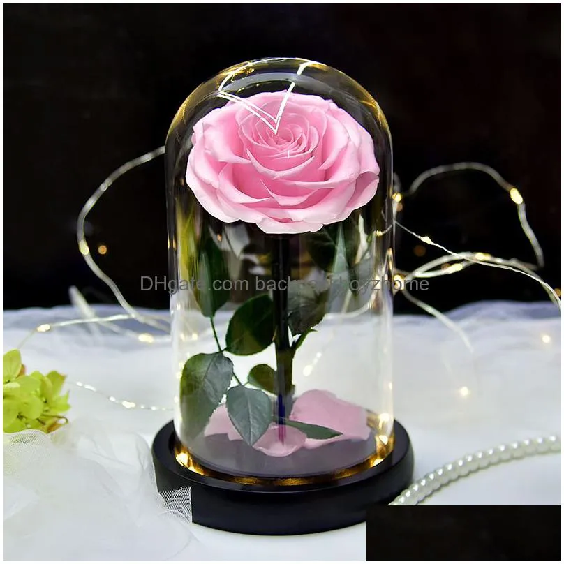 forever rose in glass dome on wood base with warm light valentines day anniversary birthday rose gift