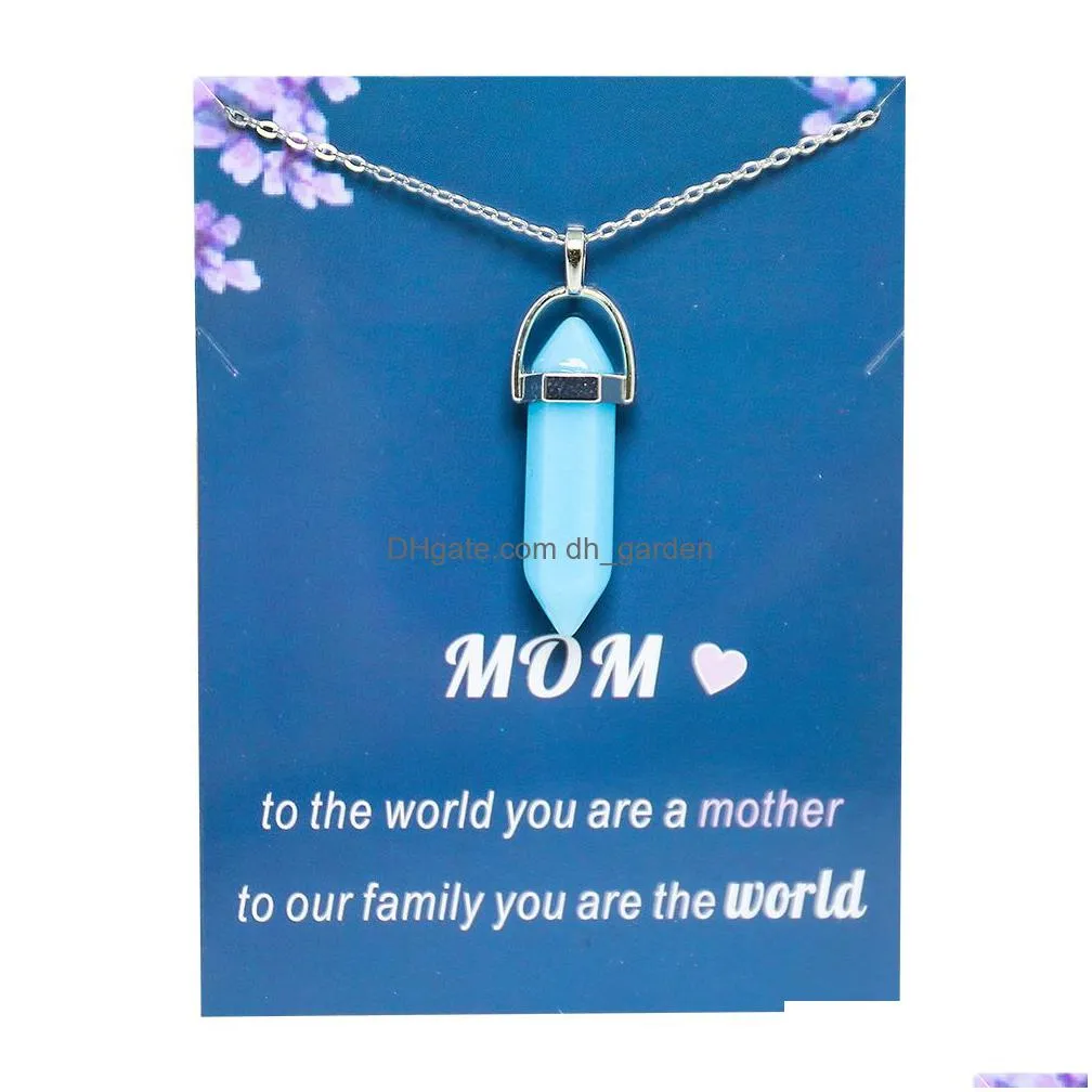 mothers day hexagon prism luminous stone pendant blue green glow light in the dark necklace for jewelry making with love mom card