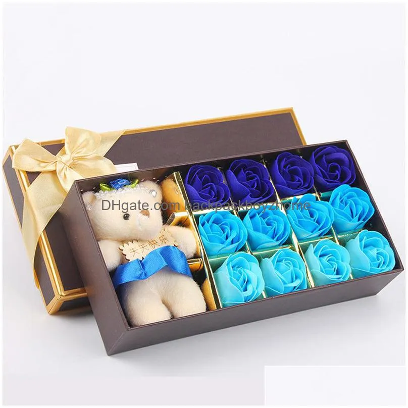 12 pcs rose gift box romantic artificial rose soap flower with toy bear gift box mothers day valentines day rose gift