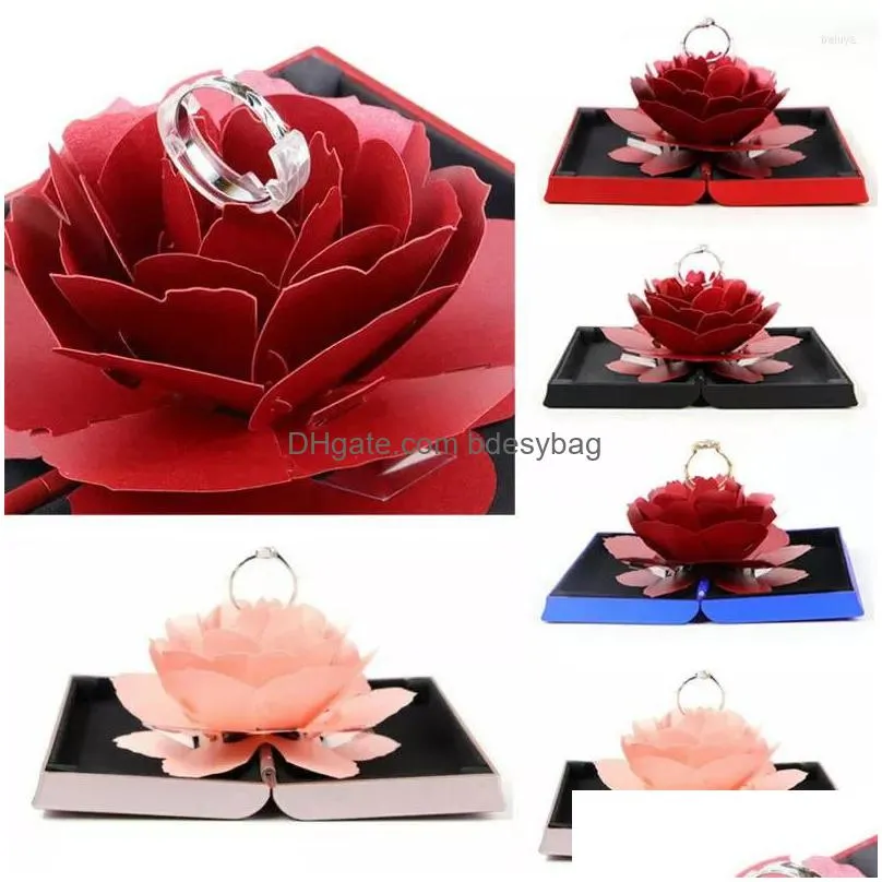 gift wrap beautiful 3d up rose ring box wedding engagement jewelry storage rectangular proposal rotating flower