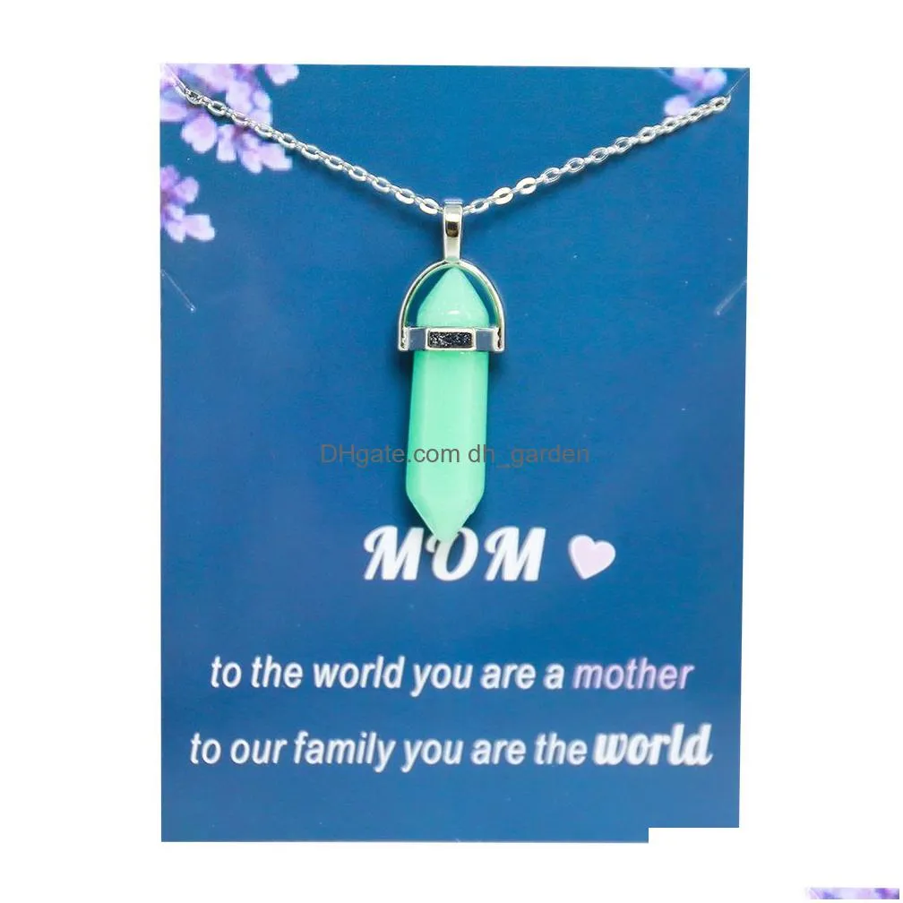 mothers day hexagon prism luminous stone pendant blue green glow light in the dark necklace for jewelry making with love mom card