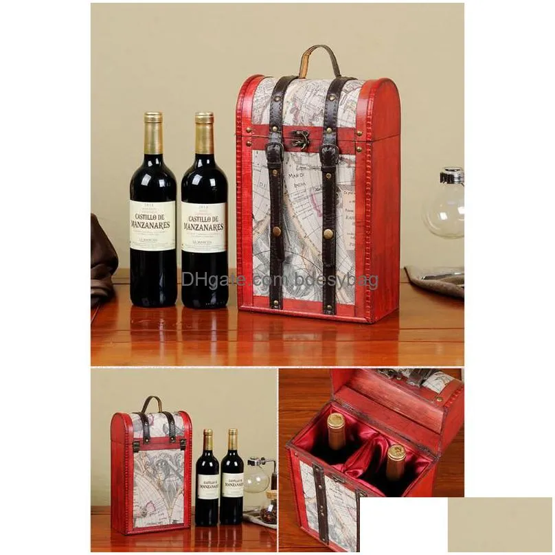 gift wrap retro packaging box chinese style wooden case pu leather double bottles container for party banquet ceremony