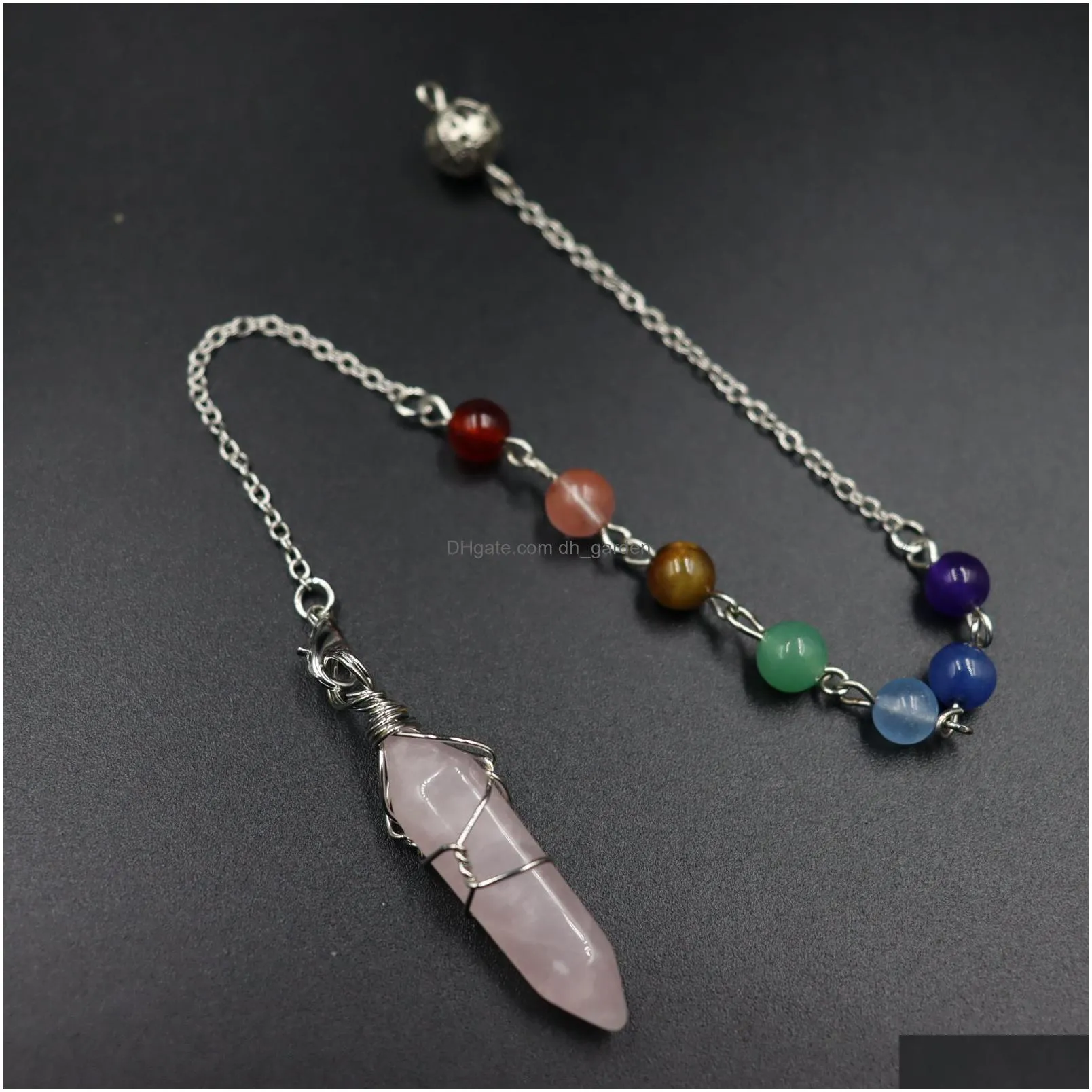 natural stone pendulum charms wire wrap hexagonal prism pendant 7 color chain for divination crystal jewelry charm amulet healing