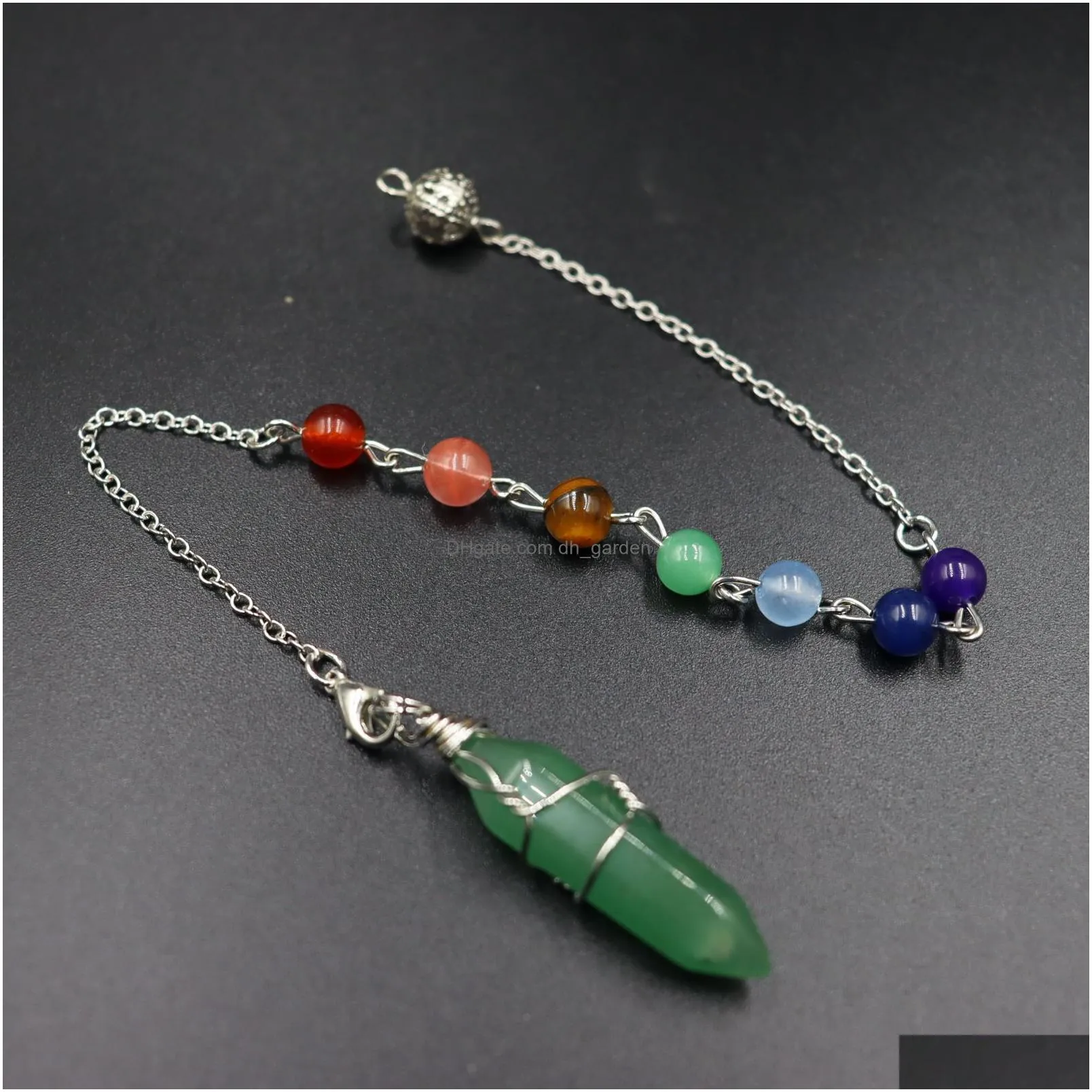 natural stone pendulum charms wire wrap hexagonal prism pendant 7 color chain for divination crystal jewelry charm amulet healing