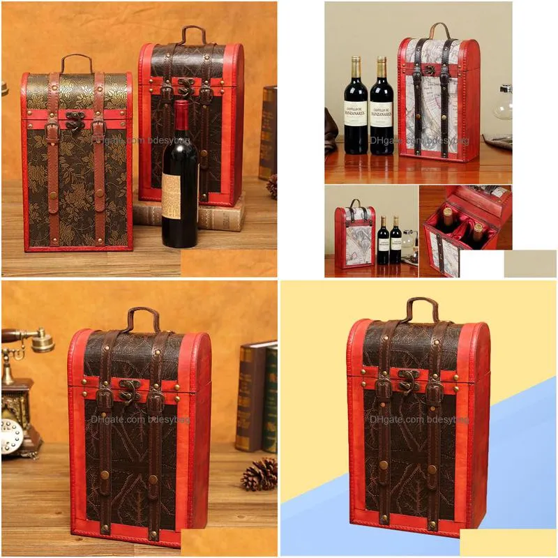 gift wrap retro packaging box chinese style wooden case pu leather double bottles container for party banquet ceremony