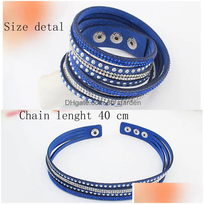 hot selling rhinestone crystal multilayer bracelets bangles flannel leather wrap bracelet wristbands for women snap button jewelry 40cm