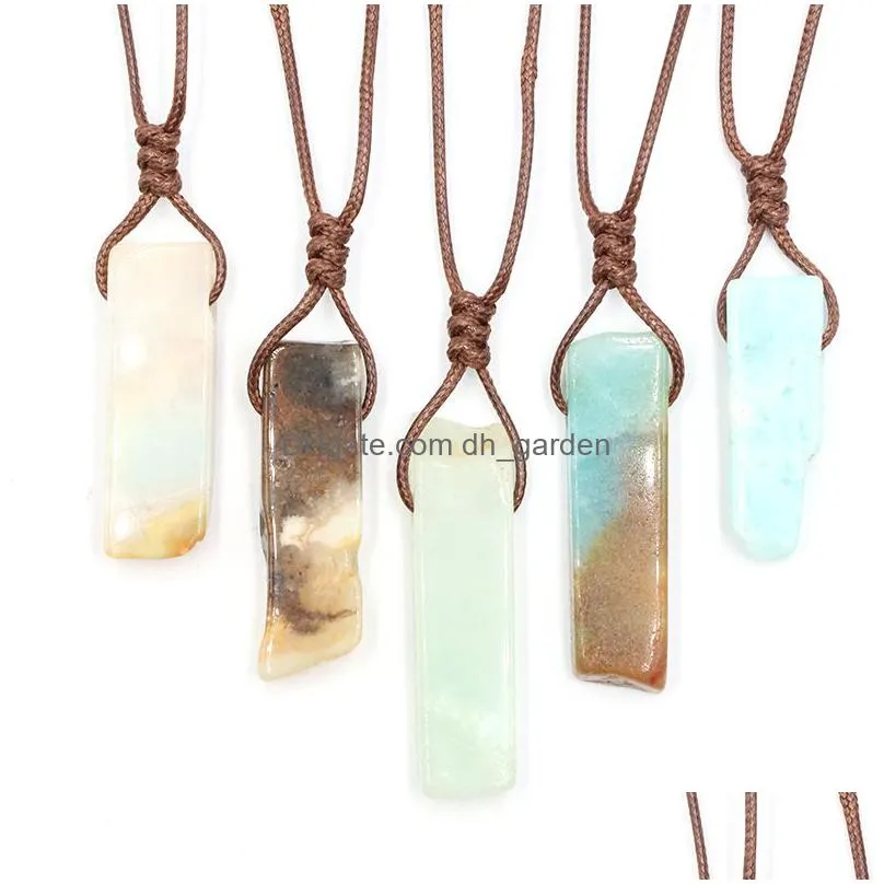 natural stone pendant raw mineral irregular rectangle quartz pendulum amazonite tiger eye lapsi crystals brown adjustable rope necklaces