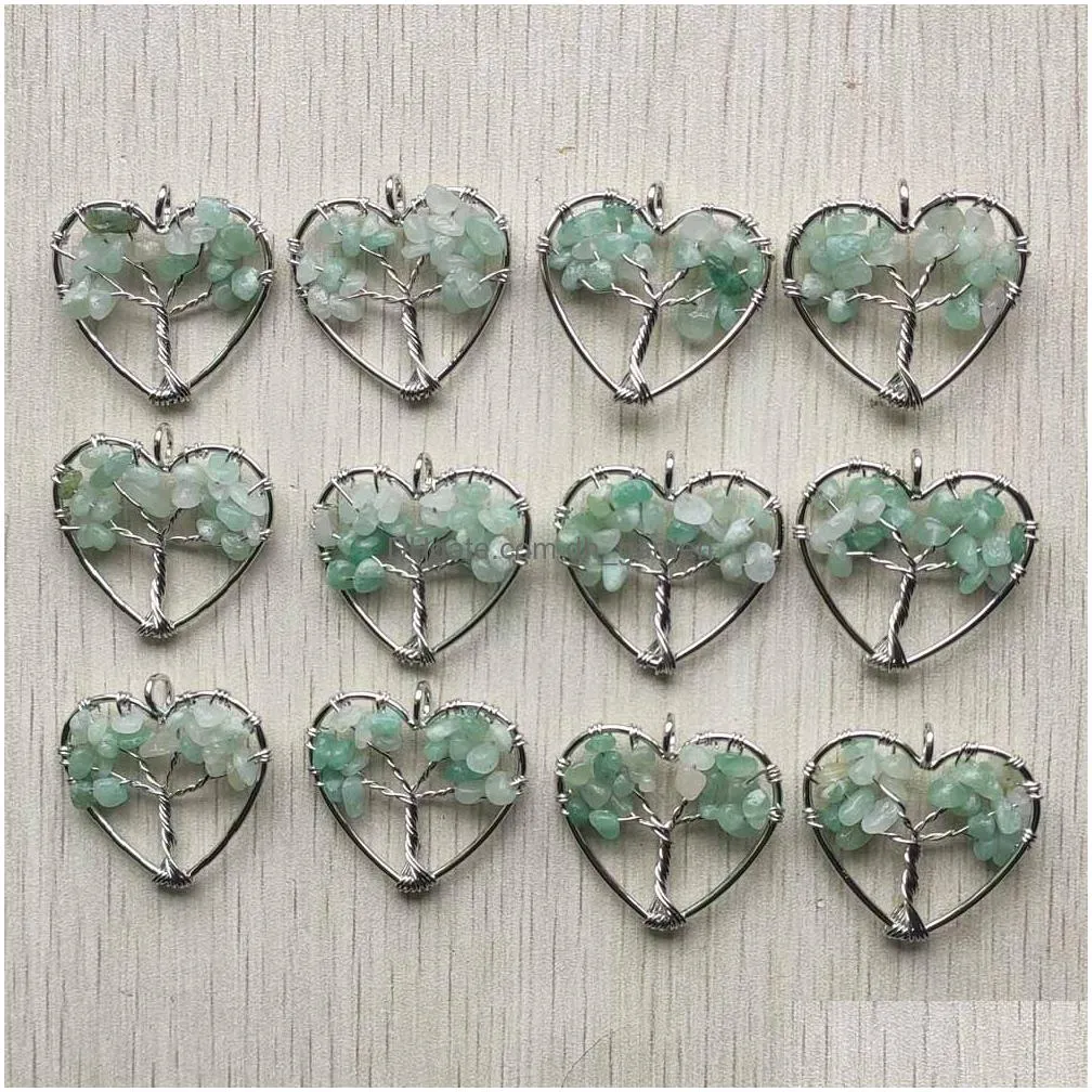 natural chip stone tree of life charms crystal agate beads heart pendant handmade wire color wire wrapped 30mm for jewelry marking