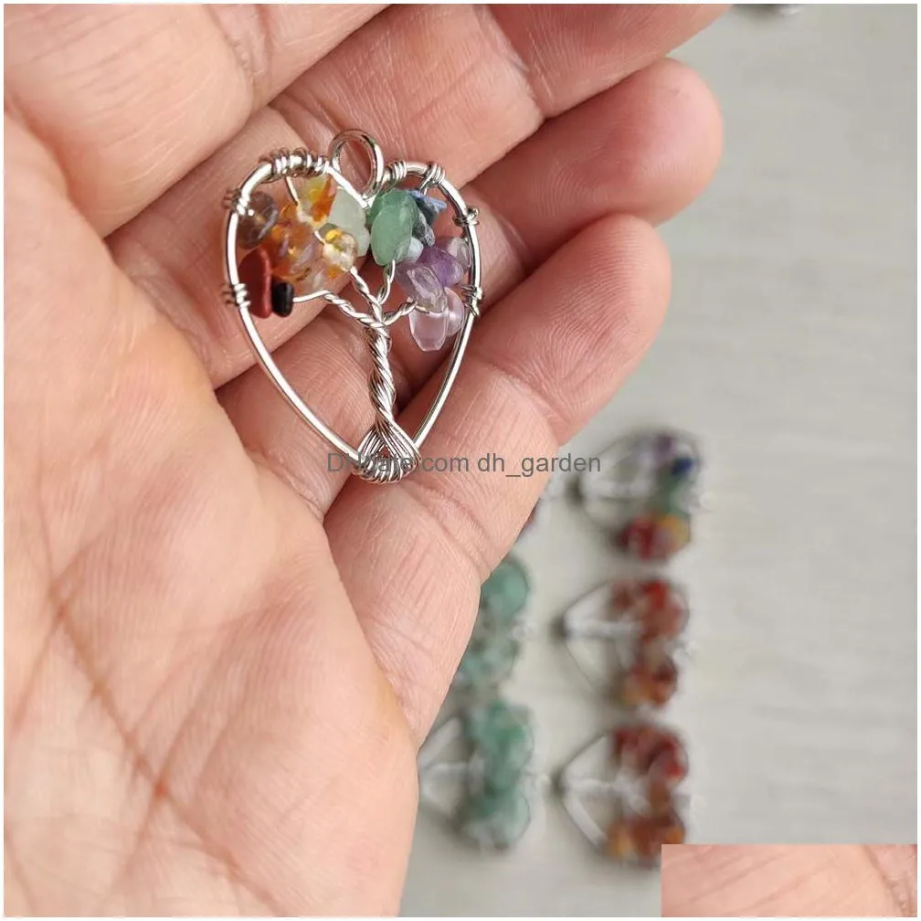 natural chip stone tree of life charms crystal agate beads heart pendant handmade wire color wire wrapped 30mm for jewelry marking