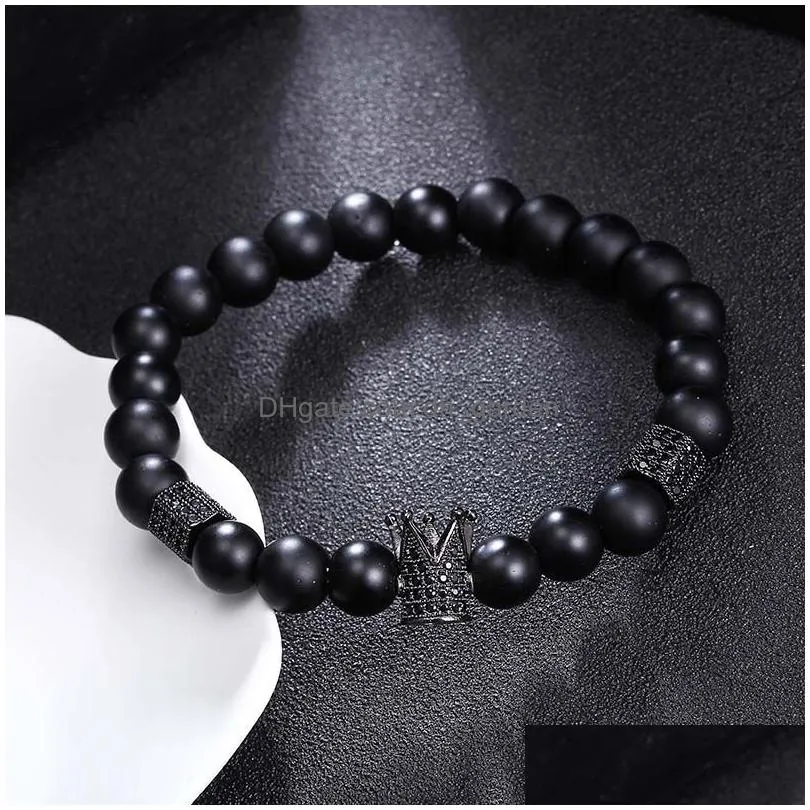 luxury high quality micro pave black cz zirconia gold king crown charm bracelet men dull polish matte stone bead bracelet handmade