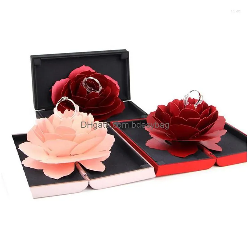 gift wrap beautiful 3d up rose ring box wedding engagement jewelry storage rectangular proposal rotating flower