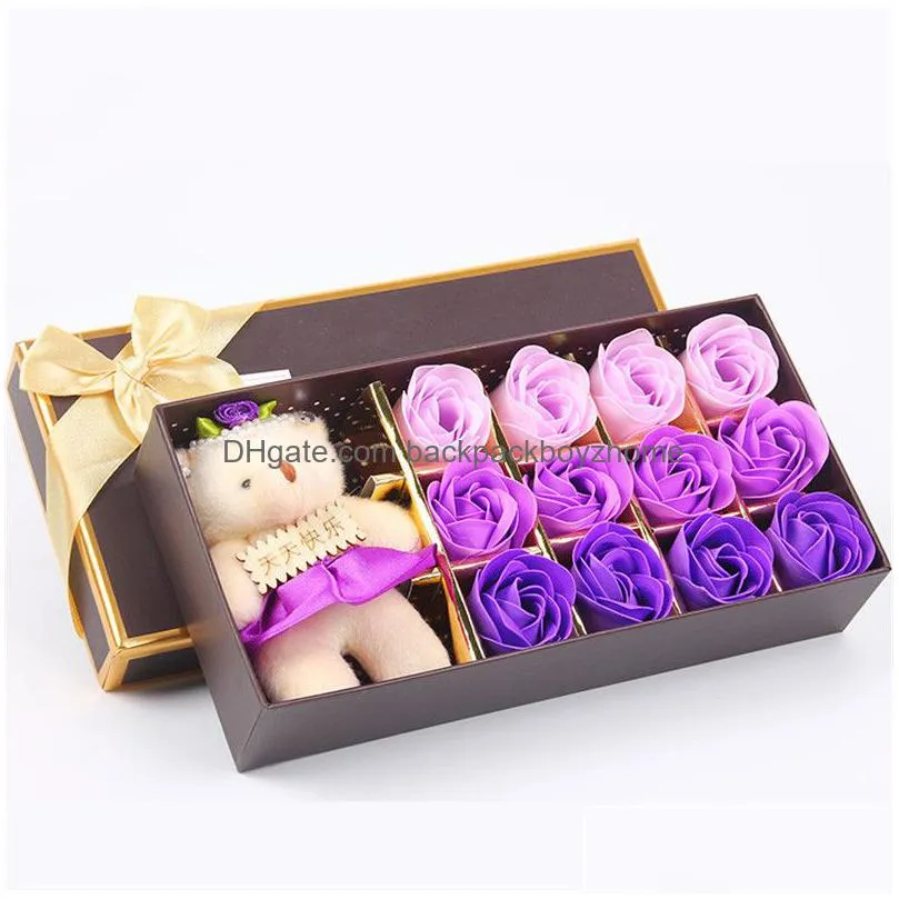 12 pcs rose gift box romantic artificial rose soap flower with toy bear gift box mothers day valentines day rose gift