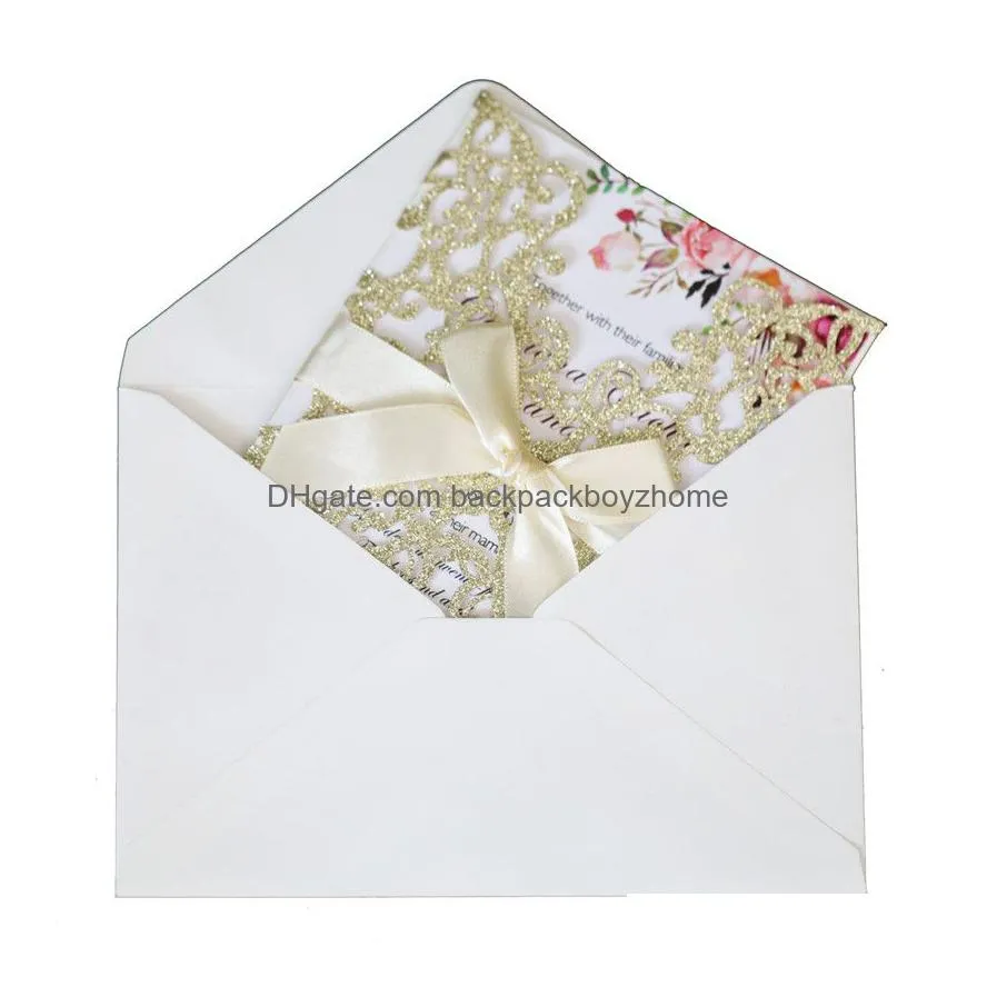 glitter paper laser cut wedding invitations personalized wedding invitation card with ribbon and envelope party invitations