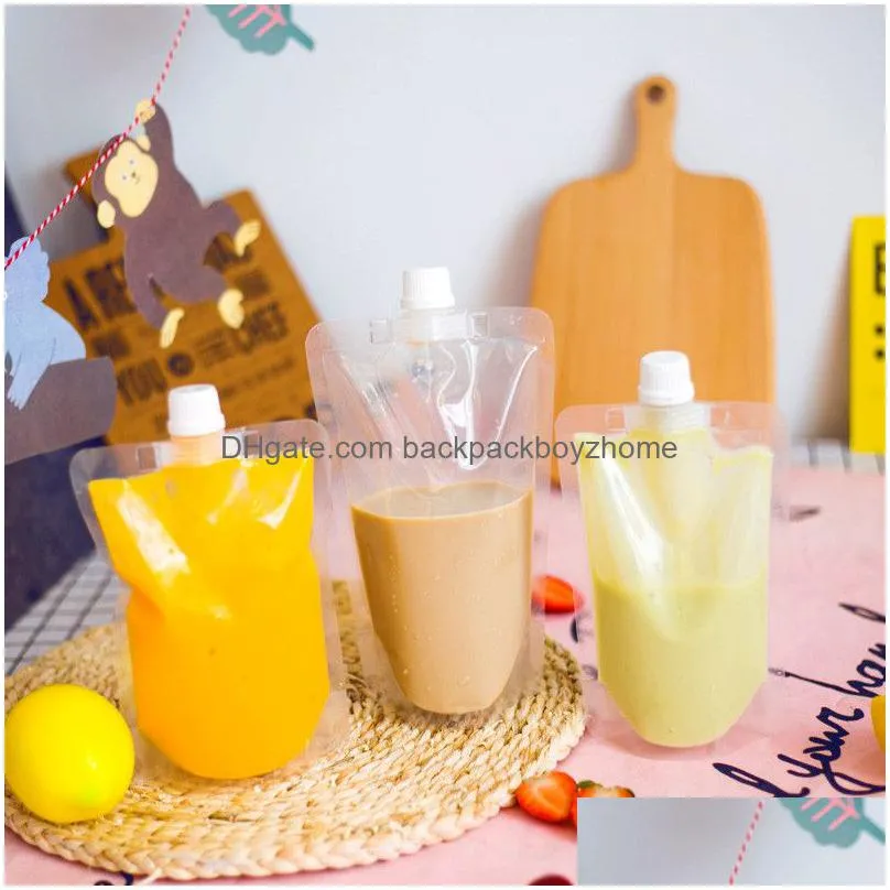 disposable beverage bag juice letters printed juice fruit milk tea bag with nozzle 300ml/400ml/500ml juice milk tea bags