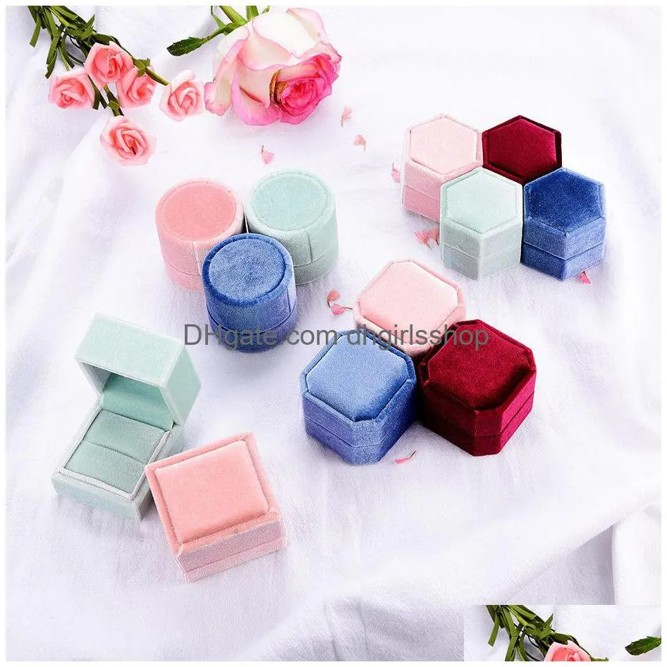 kuololit 5pc/lot velvet hexagon jewelry boxes for women red pink green blue ring boxes for wedding engagement bridal gift new t200808