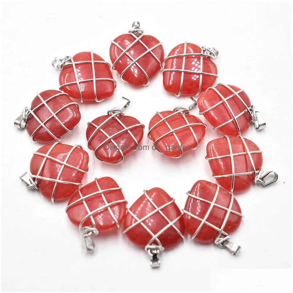 natural stone heart charms crystal agate beads pendant handmade wire color wire wrapped for jewelry marking