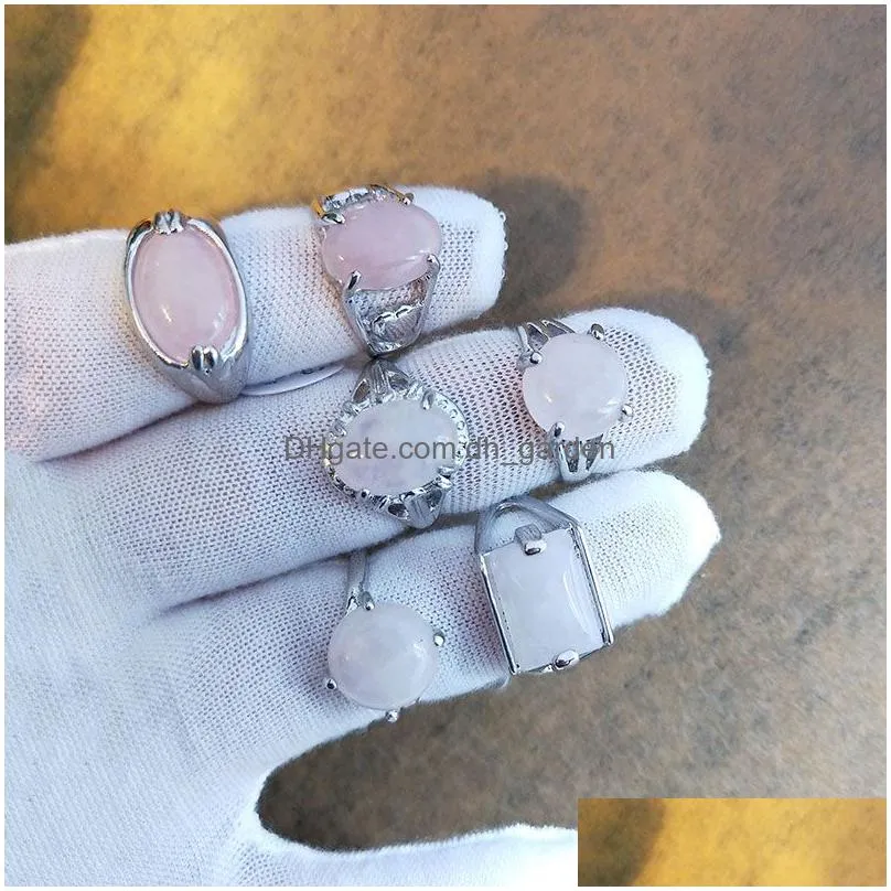 assorted style natural stone rings rose quartz aventurine tigers eye agate crystal women synthetic turquoise ring party wedding gold silver