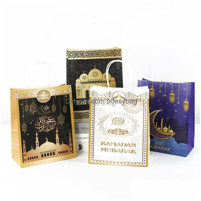 gift wrap 5pcs eid ramadan kraft paper bag with handle muslim mubarak festival party candy package bags happy alfitr suppliesgift