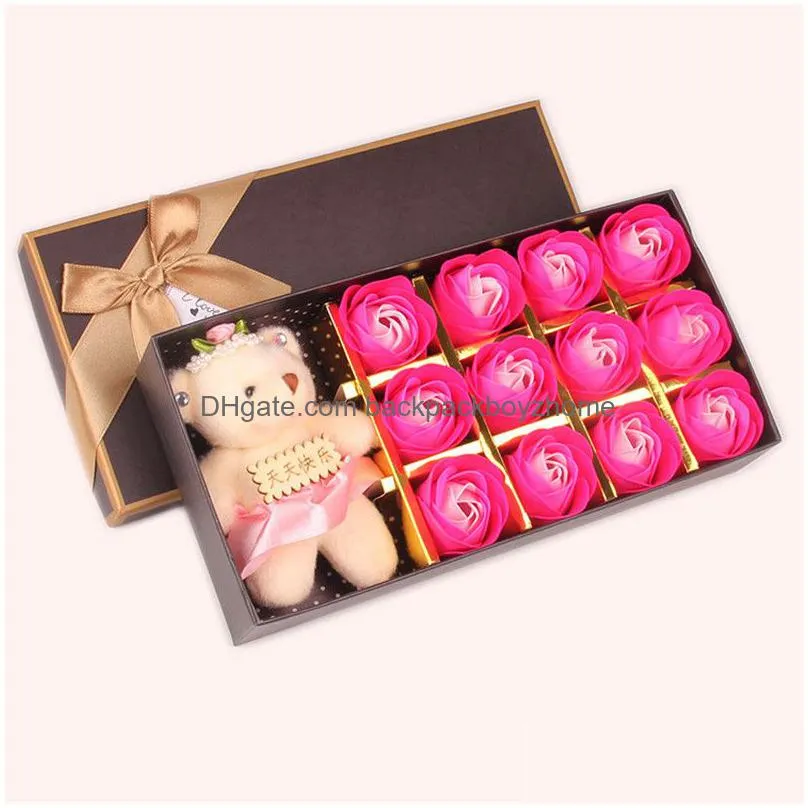 12 pcs rose gift box romantic artificial rose soap flower with toy bear gift box mothers day valentines day rose gift