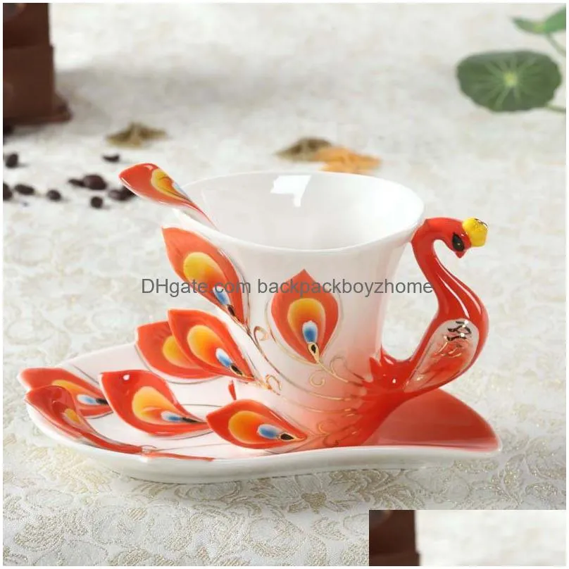 ceramic enamel coffee mug dish set creative rose peacock coffee cup with saucer and spoon set birthday festival gift
