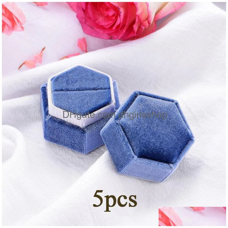 kuololit 5pc/lot velvet hexagon jewelry boxes for women red pink green blue ring boxes for wedding engagement bridal gift new t200808