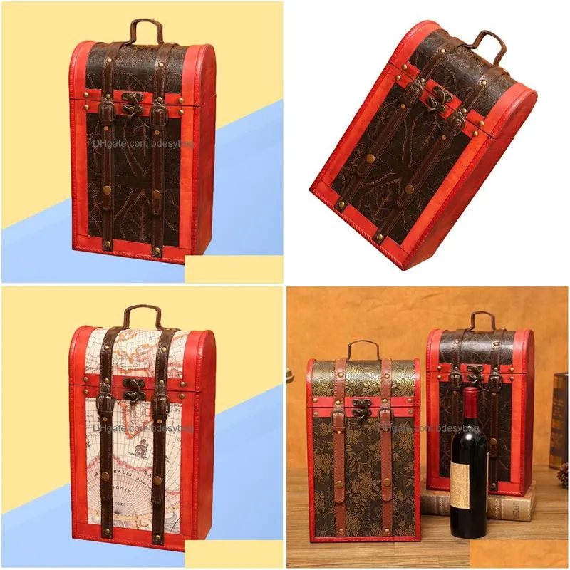 gift wrap retro packaging box chinese style wooden case pu leather double bottles container for party banquet ceremony