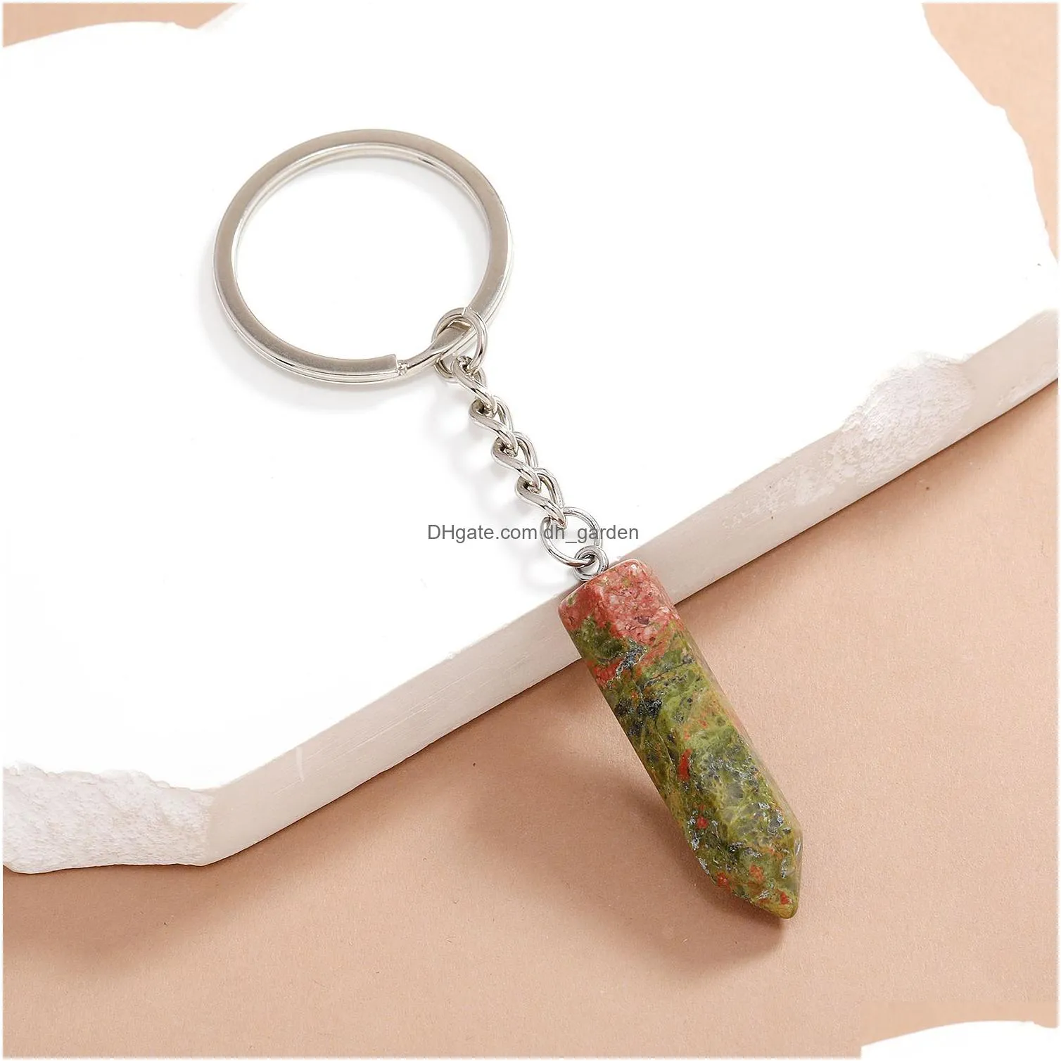 hexagonal column key ring natural stone opal crystal gem keychain for women men personality accessories