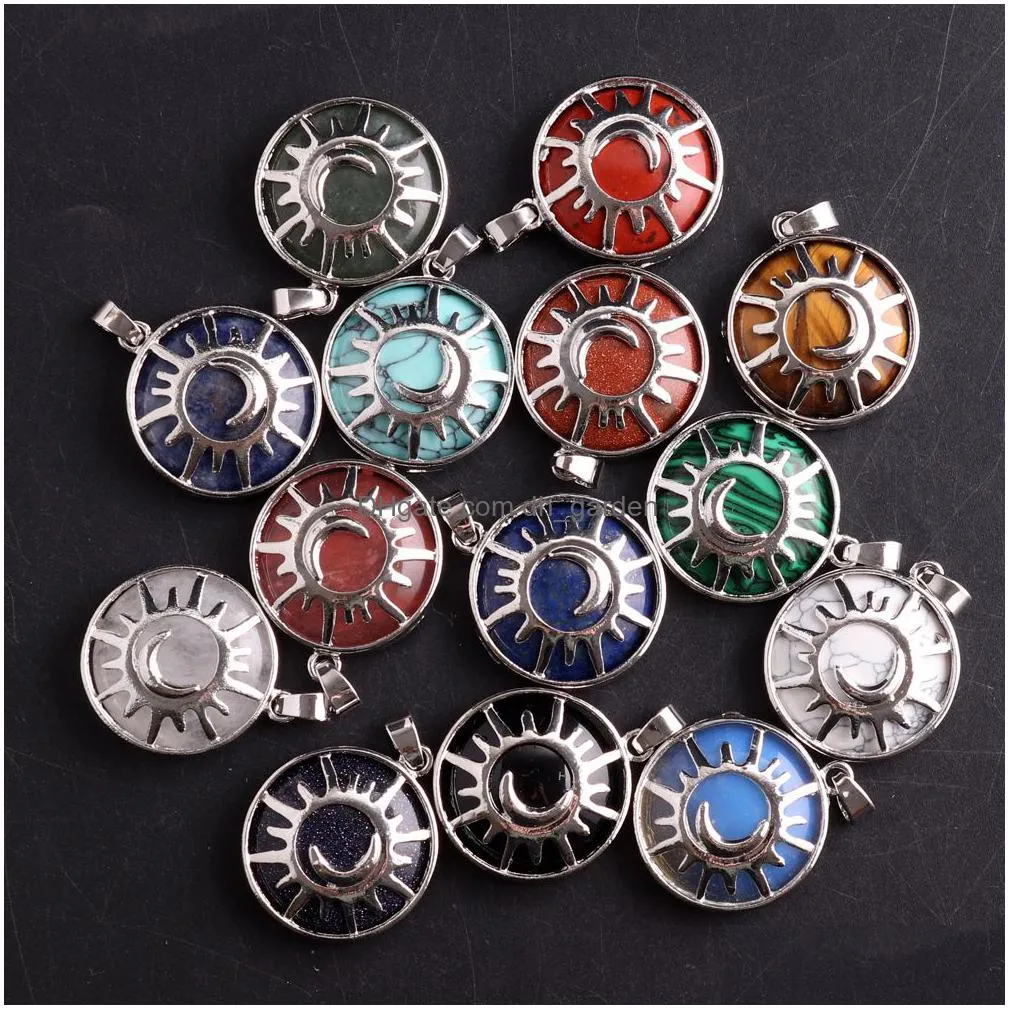 natural stone sun moon charms crystal agate beads round pendant handmade for jewelry marking