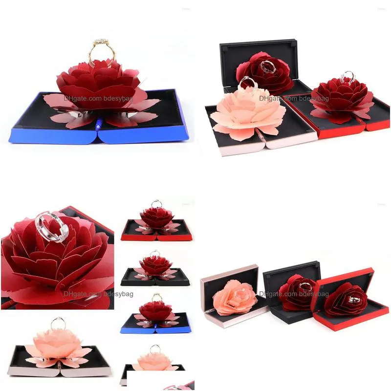 gift wrap beautiful 3d up rose ring box wedding engagement jewelry storage rectangular proposal rotating flower