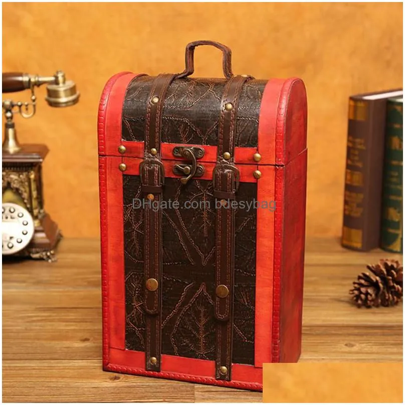 gift wrap retro packaging box chinese style wooden case pu leather double bottles container for party banquet ceremony