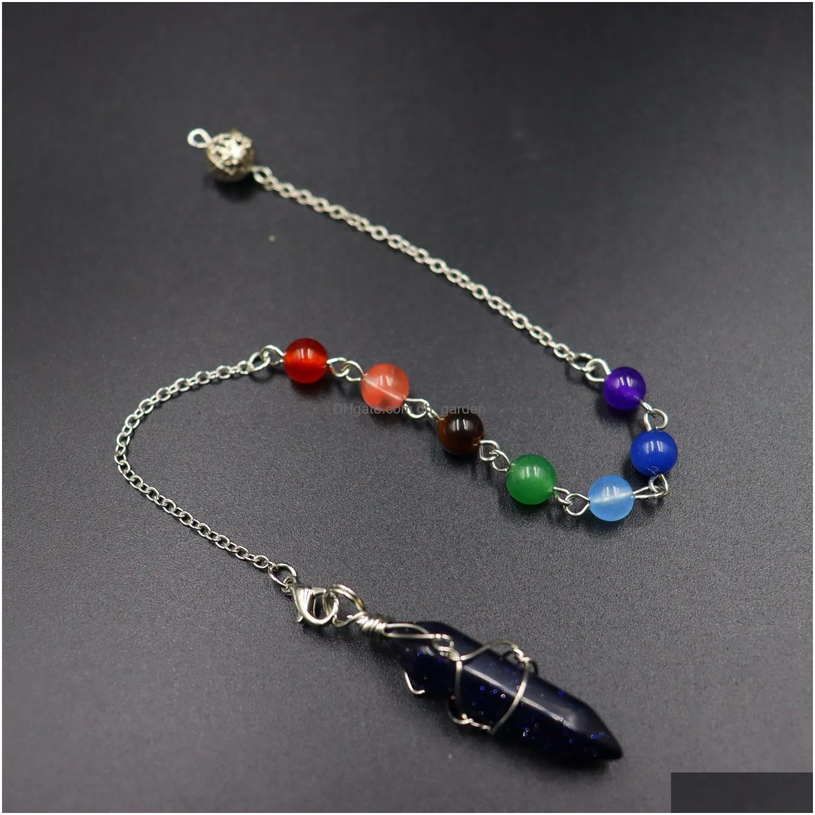 natural stone pendulum charms wire wrap hexagonal prism pendant 7 color chain for divination crystal jewelry charm amulet healing