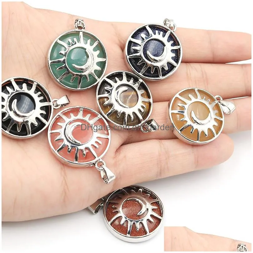 natural stone sun moon charms crystal agate beads round pendant handmade for jewelry marking