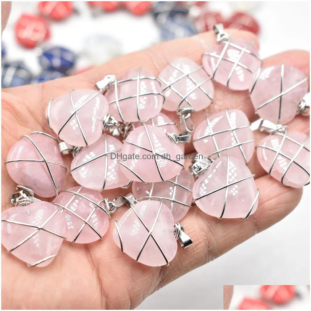 natural stone heart charms crystal agate beads pendant handmade wire color wire wrapped for jewelry marking