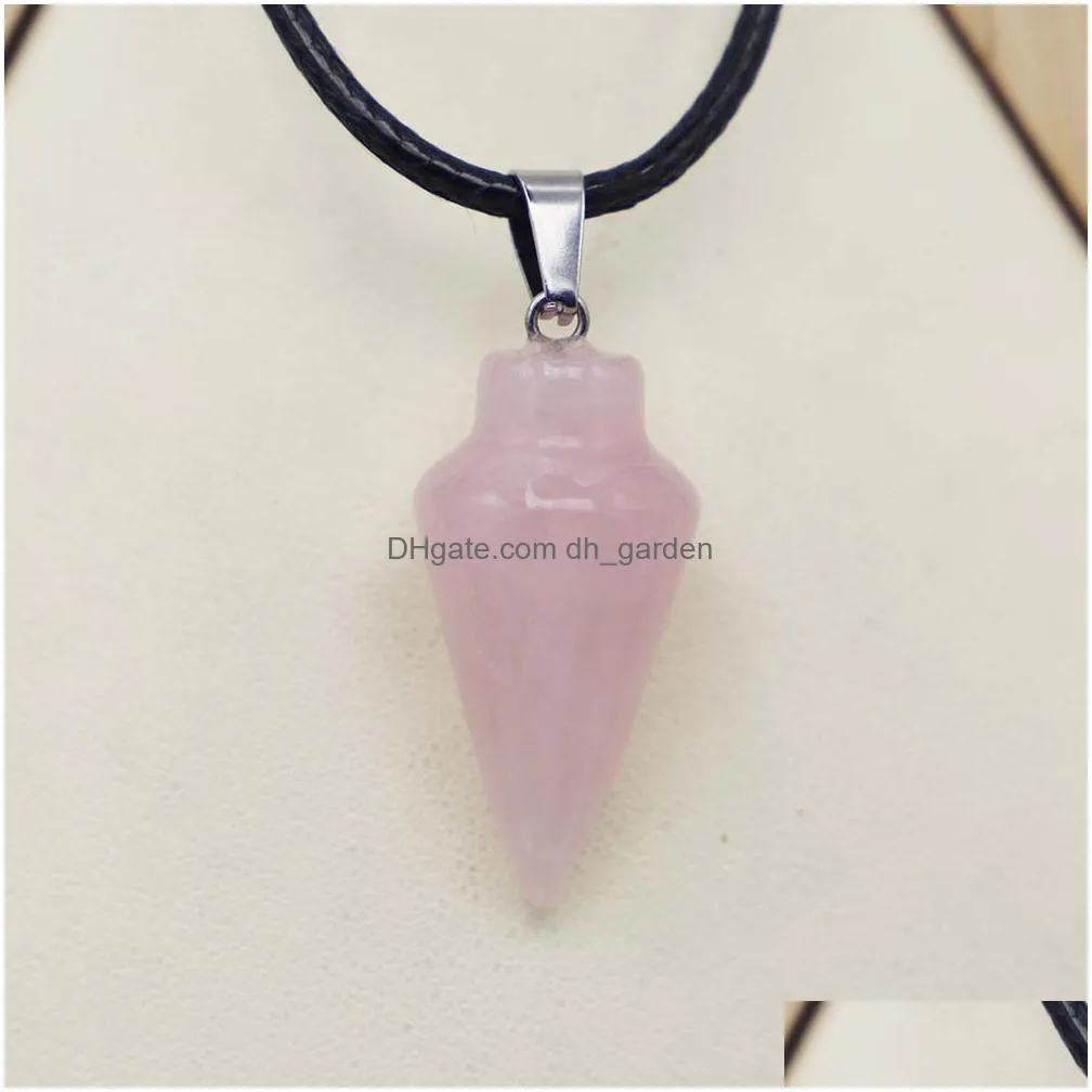 natural stone multicolor cone tapered pendant leather rope cord necklace healing minerals reiki charms fashion diy jewelry accessories