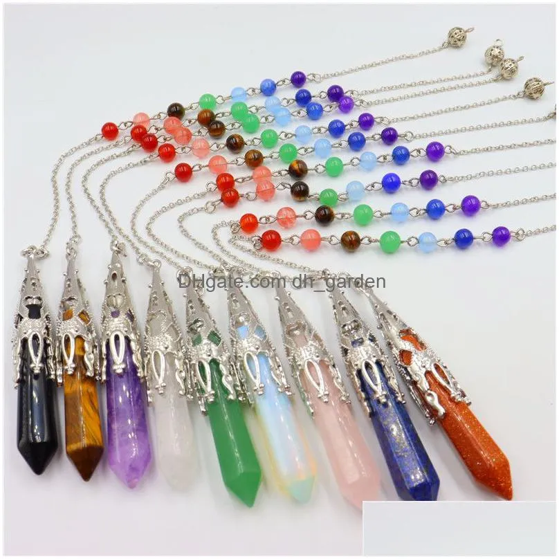 natural stone pendulum charms hexagonal prism shaped pendant 7 chakra chain for divination crystal jewelry charm amulet healing