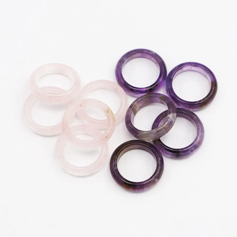 wide 6mm band natural amethyst pink crystal stone ring bulk thin smooth anxiety relief uni healing jewelry gift wholesale r001